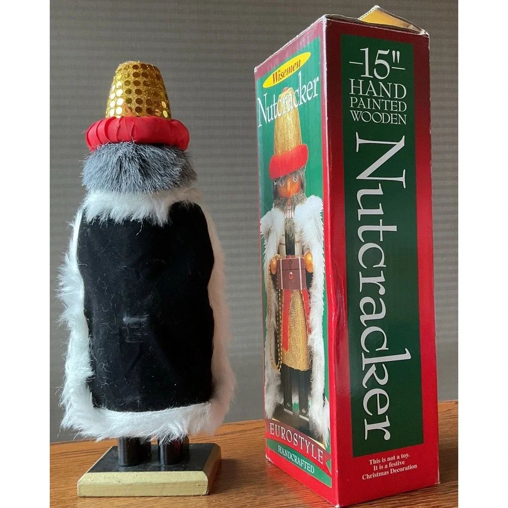 Vintage Wooden Nutcracker Wisemen Is Hand Painted & Holding Box W/Original Box